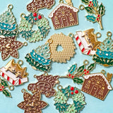 large big christmas gold tone metal charm pendant charms pendants foilage tree wreath green holly leaves berries branch cat present gingerbread cookie house snowflake car uk craft supplies festive