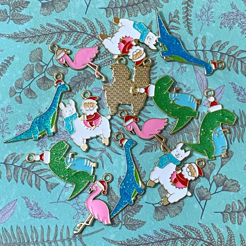 christmas festive glitter gold tone metal enamel charm charms pendant flamingo llama alpaca dino dinosaur dinosaurs green blue pink uk craft supplies cute kawaii
