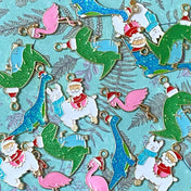christmas festive glitter gold tone metal enamel charm charms pendant flamingo llama alpaca dino dinosaur dinosaurs green blue pink uk craft supplies cute kawaii
