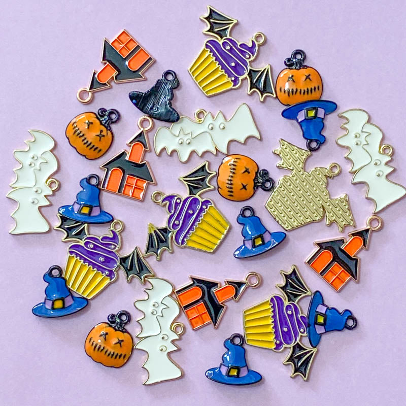 enamel halloween spooky charm pendant charms enamel metal rose gold black bat bats haunted house cup cake wings witch witch's hat hats uk cute kawaii craft supplies