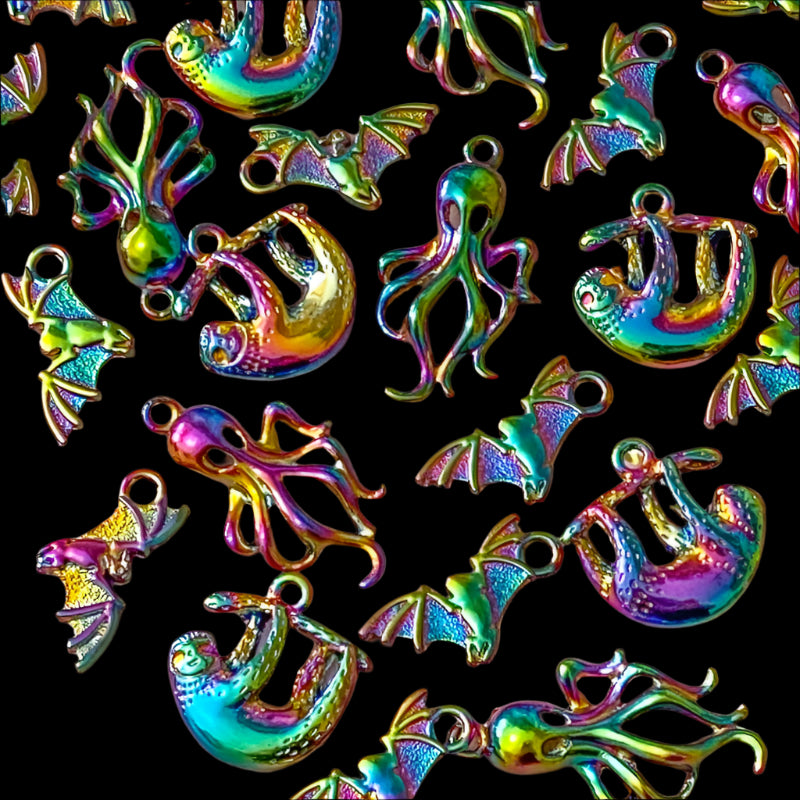 metal metallic rainbow titanium charm charms ornate pretty pendant pendants squid kraken octopus sloth sloths bat bats uk cute kawaii craft supplies jewellery making