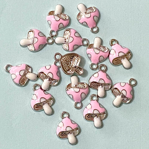 small mushroom mushrooms charms pendant little pale pink and white cute kawaii craft supplies uk silver tone metal enamel enamelled