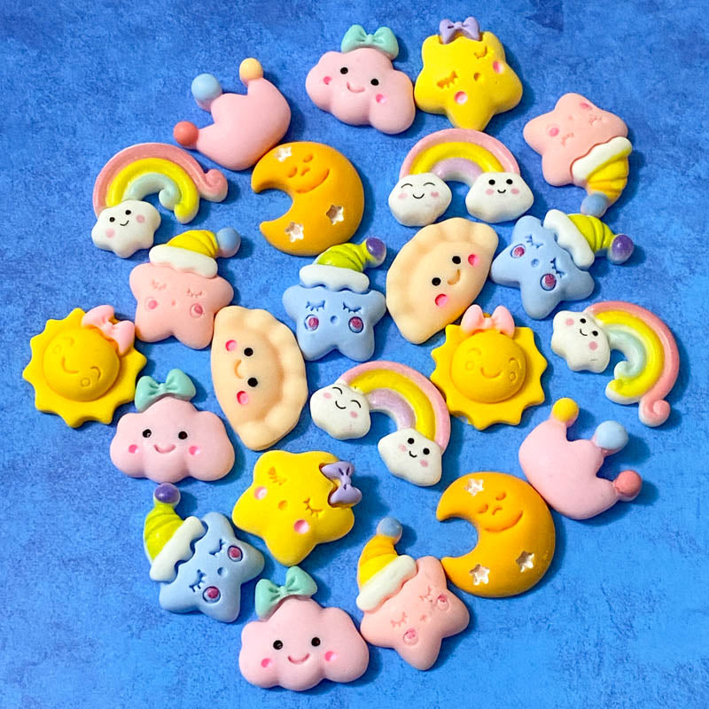 cute kawaii japanese resin flat back flatback fb fbs resins star stars cloud clouds pastel sun happy sleepy crown pastry uk craft supplies pink blue yellow