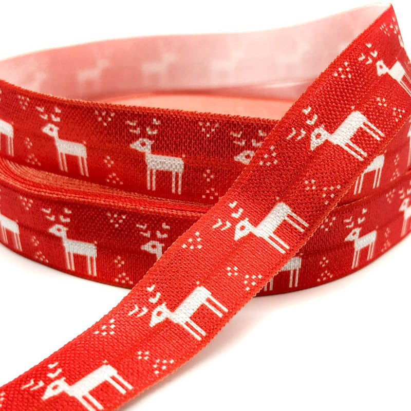 Sale! Scandi Christmas Deer on Red Elastic Ribbon 16mm