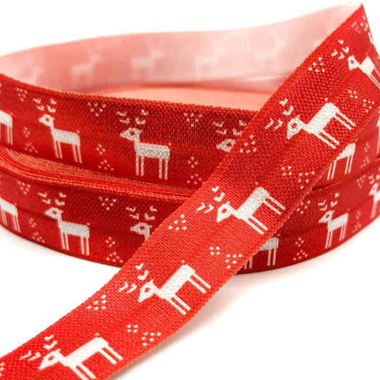 Sale! Scandi Christmas Deer on Red Elastic Ribbon 16mm