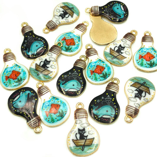 Enamel Gold Tone Lightbulb Metal Charm x 2