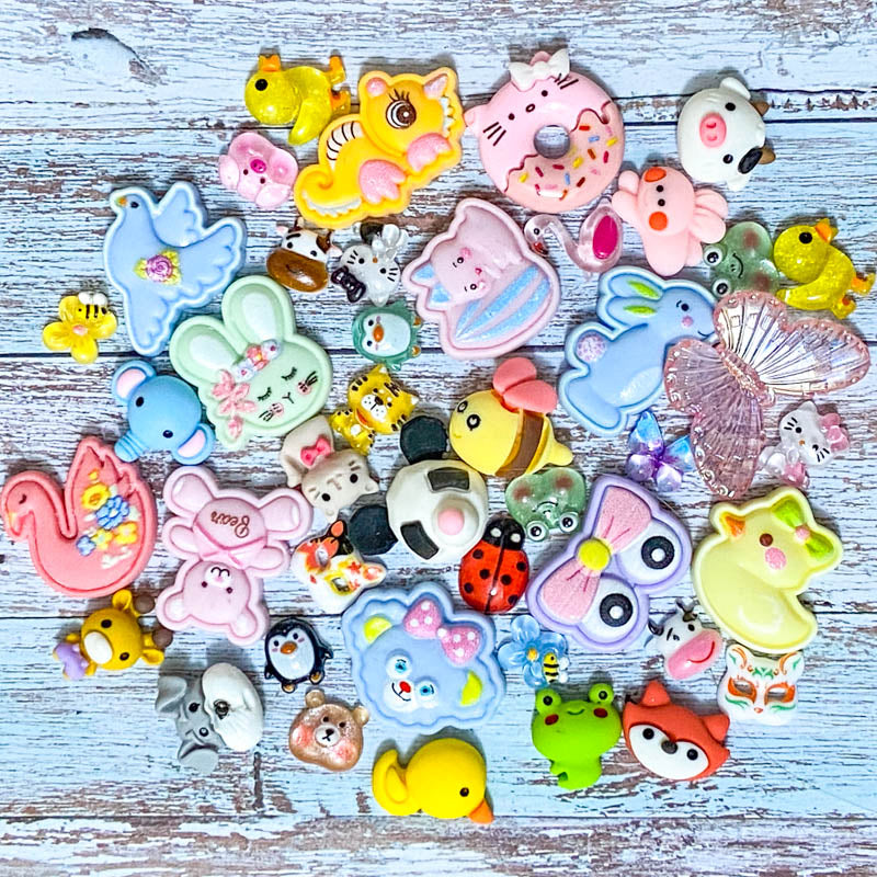 resin acrylic bundle bundles small flatback flat back fb fbs embellishment uk cute kawaii craft supplies bargain set pastel animal pink animals pretty butterfly dog cat duck cabochon rabbit crab frog