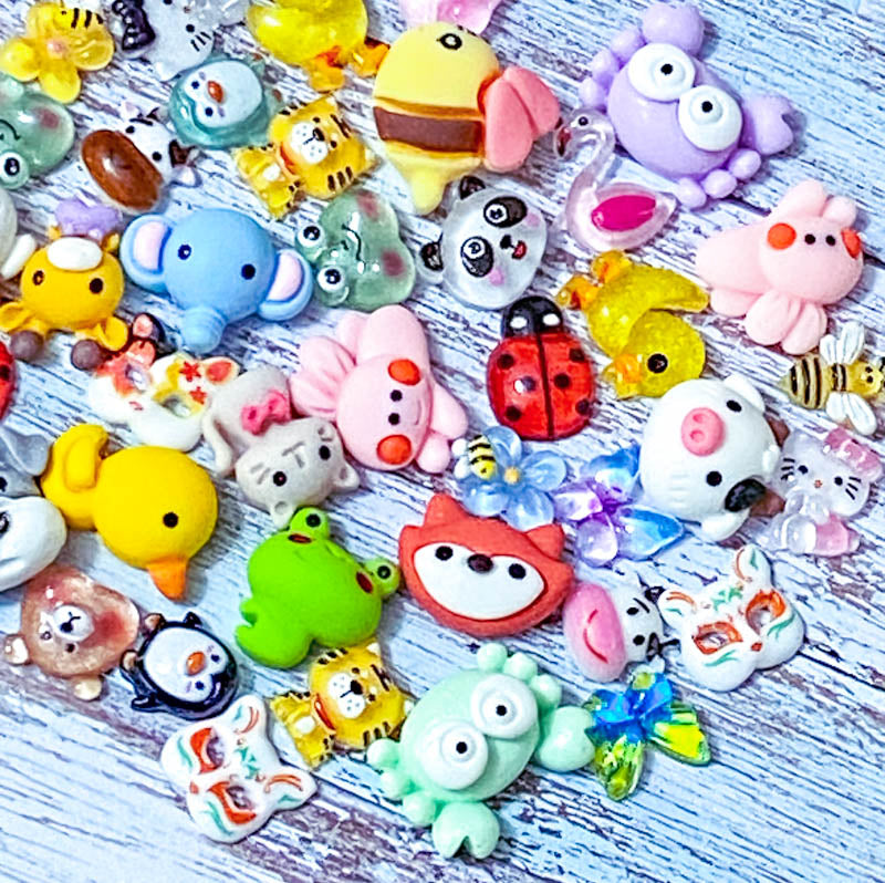 resin acrylic bundle bundles small flatback flat back fb fbs embellishment uk cute kawaii craft supplies bargain set pastel animal pink animals pretty butterfly dog cat duck cabochon rabbit crab frog