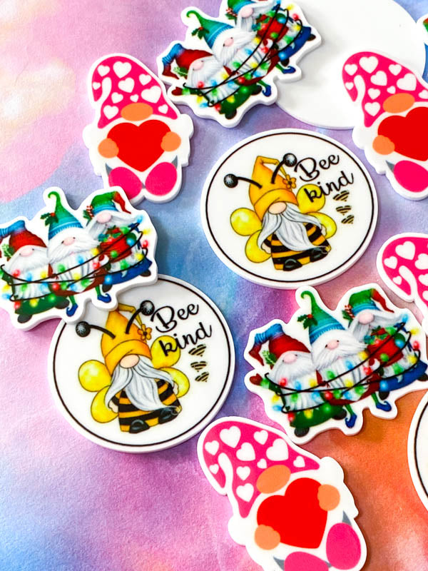 cute gnome gnomes gonk gonks acrylic large big planar flatback flat back fb fbs resins cute kawaii craft supplies uk red pink heart hearts love valentine bee bees happy kind round trio festive christmas elves fairy lights