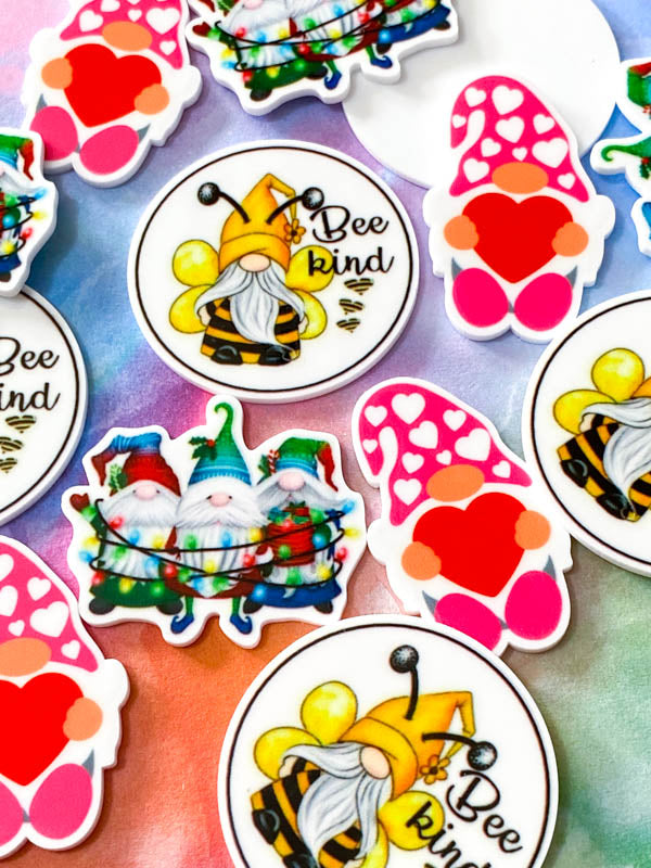 cute gnome gnomes gonk gonks acrylic large big planar flatback flat back fb fbs resins cute kawaii craft supplies uk red pink heart hearts love valentine bee bees happy kind round trio festive christmas elves fairy lights