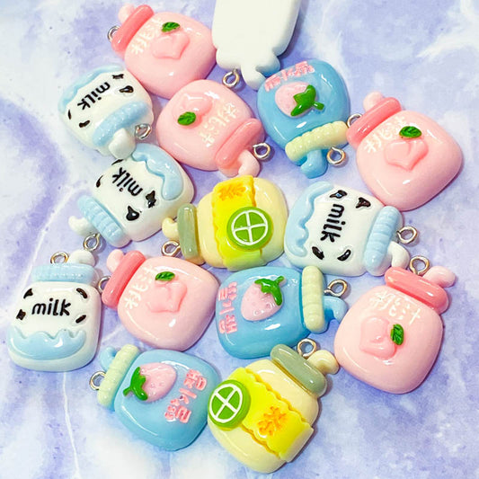 chunky cute kawaii milk milky drink drinks milkshake charm charms resin strawberry lemon lime pink blue yellow white silver tone hooks uk craft supplies carton milkshakes
