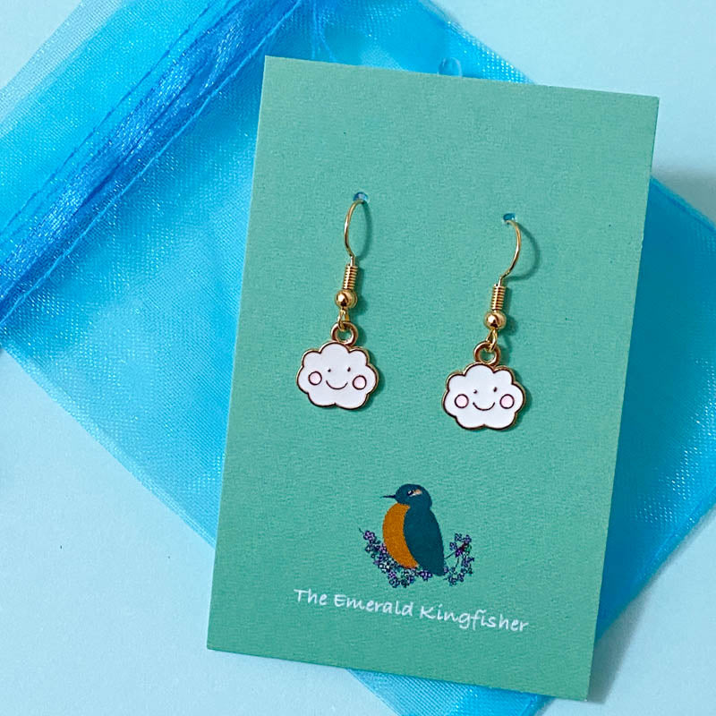  happy cloud clouds kawaii smiling little small gold plated gold handmade hand made earring earrings uk cute kawaii gift gifts dangly drop golden pretty unique stocking filler