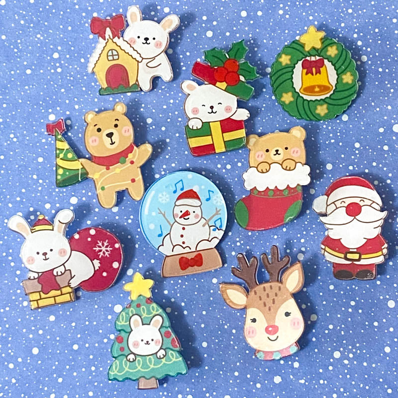 CHRISTMAS festive pin brooch badge badges acrylic cute kawaii gift gifts stocking filler uk snowglobe snowman bunny rabbit bear bears wreath rudolph deer tree present santa claus father