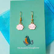 pale light happy cloud clouds kawaii smiling little small pink gold plated gold handmade hand made earring earrings uk cute kawaii gift gifts dangly drop golden pretty unique stocking filler