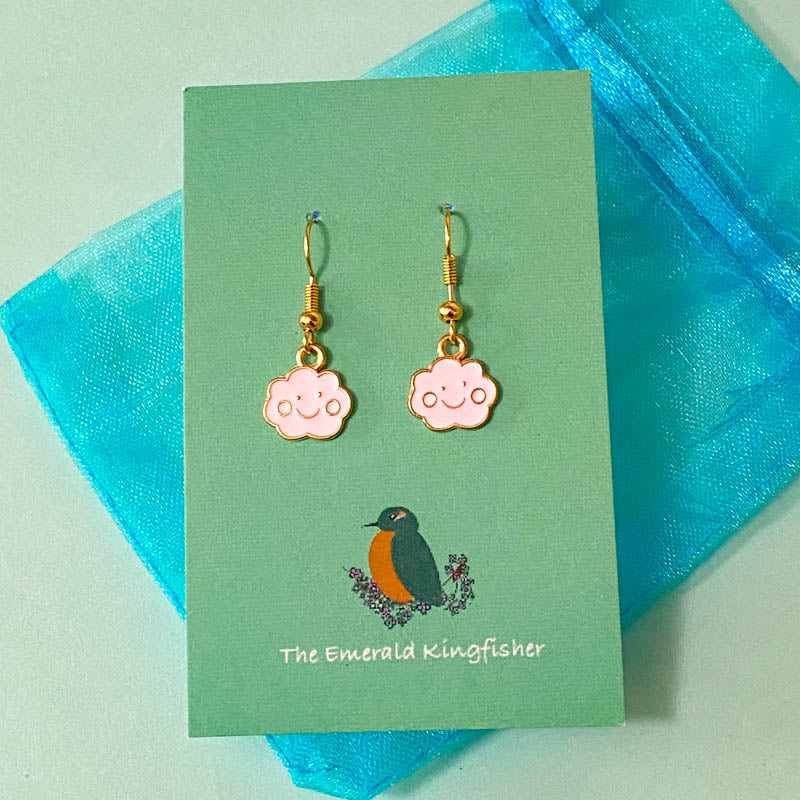 pale light happy cloud clouds kawaii smiling little small pink gold plated gold handmade hand made earring earrings uk cute kawaii gift gifts dangly drop golden pretty unique stocking filler