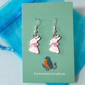 white rabbit rabbits bunny bunnies pink bow easter spring baby gender woodland kawaii silver silvery plated  handmade hand made earring earrings uk cute kawaii gift gifts dangly drop pretty unique stocking filler nature animals silver-plated