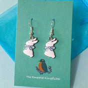 white rabbit rabbits bunny bunnies pale light blue bow easter spring baby gender woodland kawaii silver silvery plated handmade hand made earring earrings uk cute kawaii gift gifts dangly drop pretty unique stocking filler nature animals silver-plated