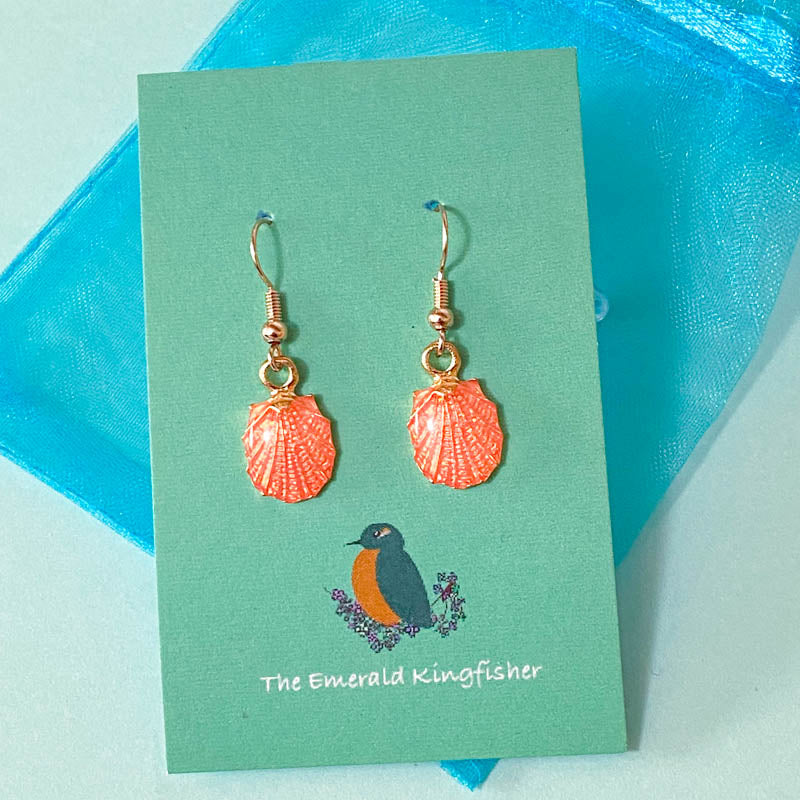 coral pink orange peach sparkly glitter shell shells seashell seashells  gold plated rose gold handmade hand made earring earrings uk cute kawaii gift gifts dangly drop golden pretty unique stocking filler