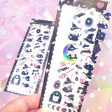 halloween witch withces cat cats black white holo holographic lazer laser spooky sticker stickers pack packs uk cute kawaii stationery planner addict supplies hat book moon star wand broom mirror stars