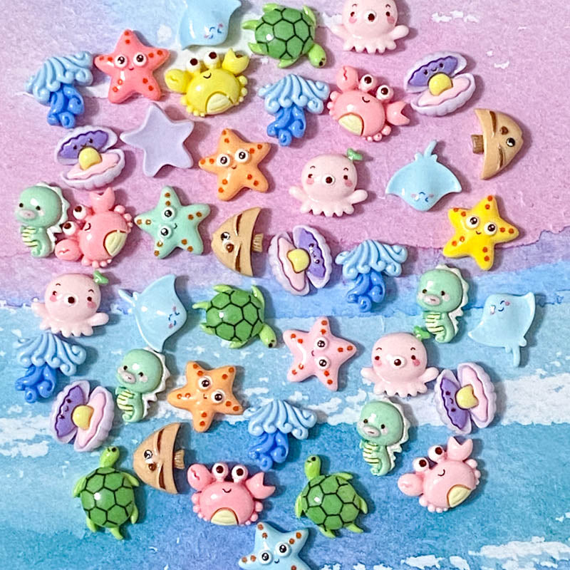 ocean life sea creature creatures small resin acrylic fb flatback flat back facks embellishment uk cute kawaii craft supplies crab seahorse starfish fish turtle turtles octopus ray sting shell shells seashell jellyfish pastel colours pretty bundle 