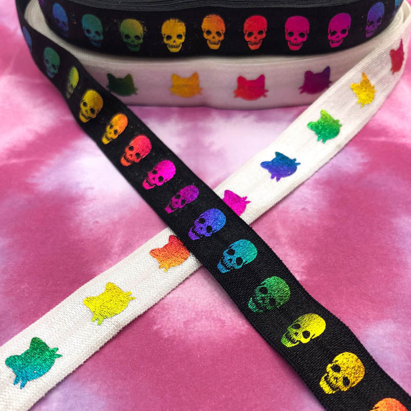 rainbow foil foiled elastic elastics ribbon ribbons fold over foe yard black white skull skulls halloween cat cats bright metallic uk cute kawaii craft supplies