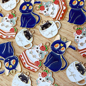 Cat Gold Tone Metal Charm- Strawberry Cake, Midnight Blue or Cup