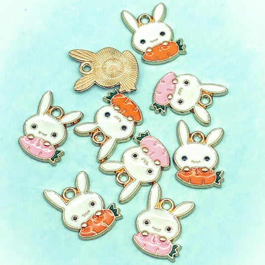 Enamel Rabbit & Carrot Gold Tone Metal Charm - x2