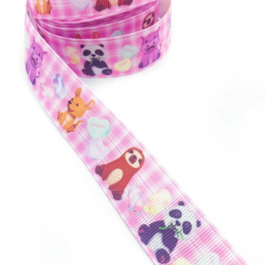 Just 45p! Animals on Pink Gingham Grosgrain Ribbon 25mm