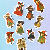 friendly kind good witch witch sticker stickers die cut cuts small little pack set friendly green brown red black hat hats little girl girls kawaii cute stationery uk planner supplies packaging