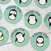 penguin penguins thank you thanks mint green pale turquoise aqua blue small round sticker stickers packaging supplies uk cute kawaii 25mm set of 8 happy fun pretty kids stationery