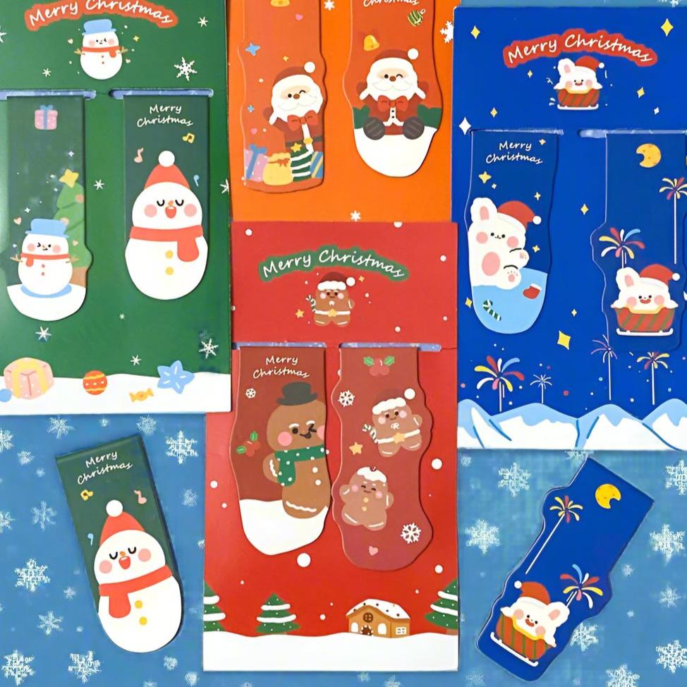 merry christmas festive bookmark book mark marks bookmarks dup pack set festive christmas fun pretty cute kawaii stocking filler fillers gifts uk gift present santa snowman snowmen bunny rabbit gingerbread man men two magnetic double sided