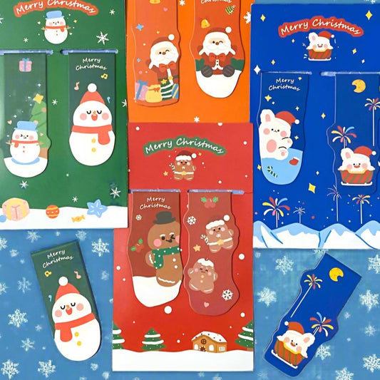 merry christmas festive bookmark book mark marks bookmarks dup pack set festive christmas fun pretty cute kawaii stocking filler fillers gifts uk gift present santa snowman snowmen bunny rabbit gingerbread man men two magnetic double sided