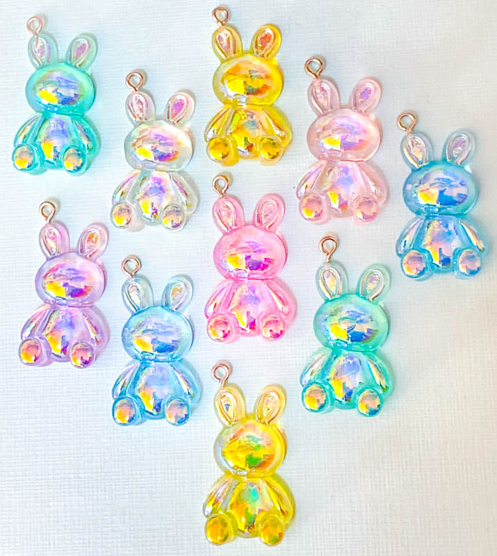 kawaii bunny iridescent rainbow gummy charm charms acrylic resin cute kawaii rabbit rabbits uk charms pendant ab shimmer large big pink blue yellow spring easter craft supplies
