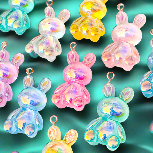kawaii bunny iridescent rainbow gummy charm charms acrylic resin cute kawaii rabbit rabbits uk charms pendant ab shimmer large big pink blue yellow spring easter craft supplies
