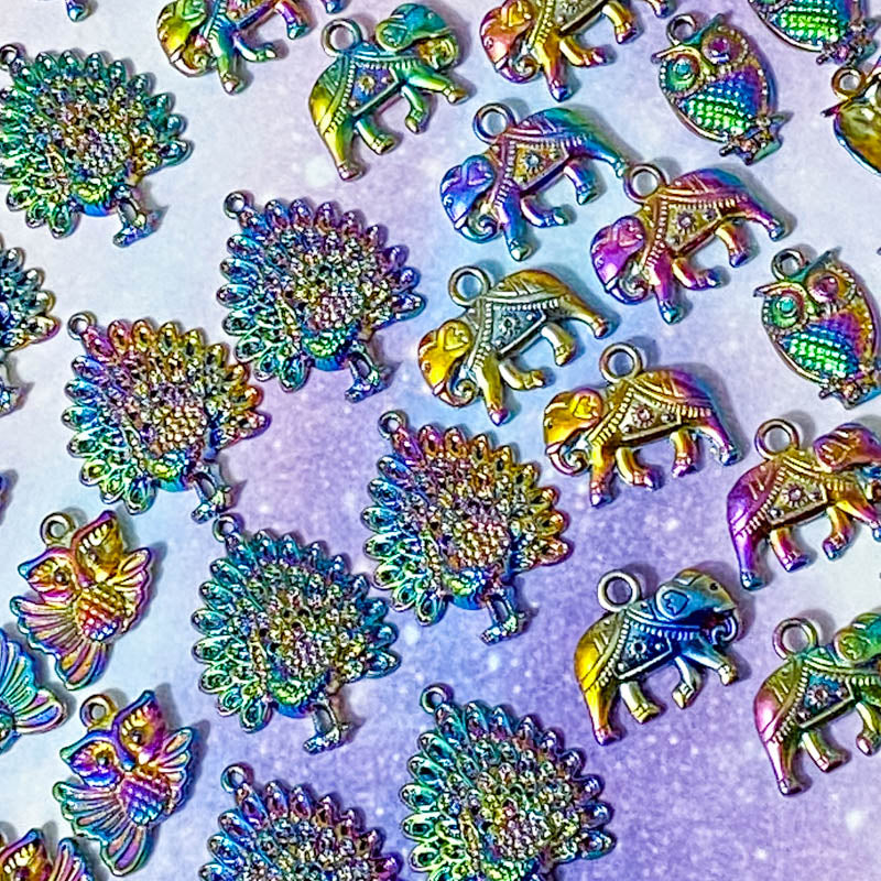 rainbow titanium metal alloy charm charms pendant colours bright dark deep ombre elephant elephants owl owls flying sitting small large peacock peacocks uk craft supplies shop cute kawaii bright