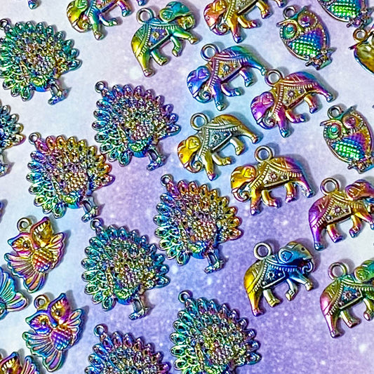 rainbow titanium metal alloy charm charms pendant colours bright dark deep ombre elephant elephants owl owls flying sitting small large peacock peacocks uk craft supplies shop cute kawaii bright
