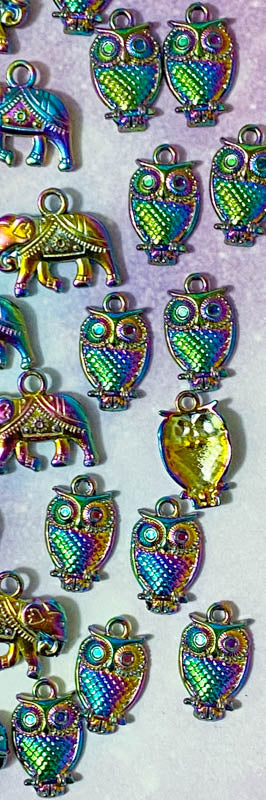 rainbow titanium metal alloy charm charms pendant colours bright dark deep ombre elephant elephants owl owls flying sitting small large peacock peacocks uk craft supplies shop cute kawaii bright