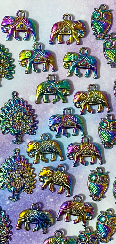 rainbow titanium metal alloy charm charms pendant colours bright dark deep ombre elephant elephants owl owls flying sitting small large peacock peacocks uk craft supplies shop cute kawaii bright