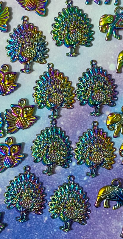 rainbow titanium metal alloy charm charms pendant colours bright dark deep ombre elephant elephants owl owls flying sitting small large peacock peacocks uk craft supplies shop cute kawaii bright