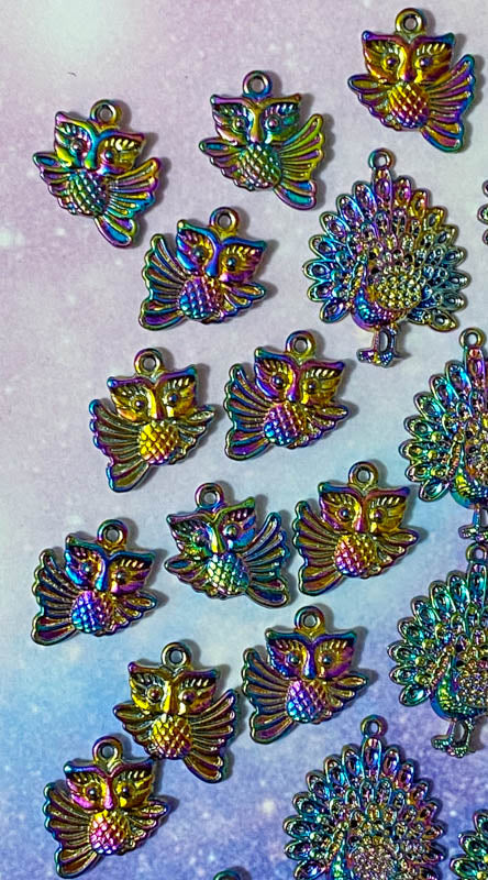 rainbow titanium metal alloy charm charms pendant colours bright dark deep ombre elephant elephants owl owls flying sitting small large peacock peacocks uk craft supplies shop cute kawaii bright