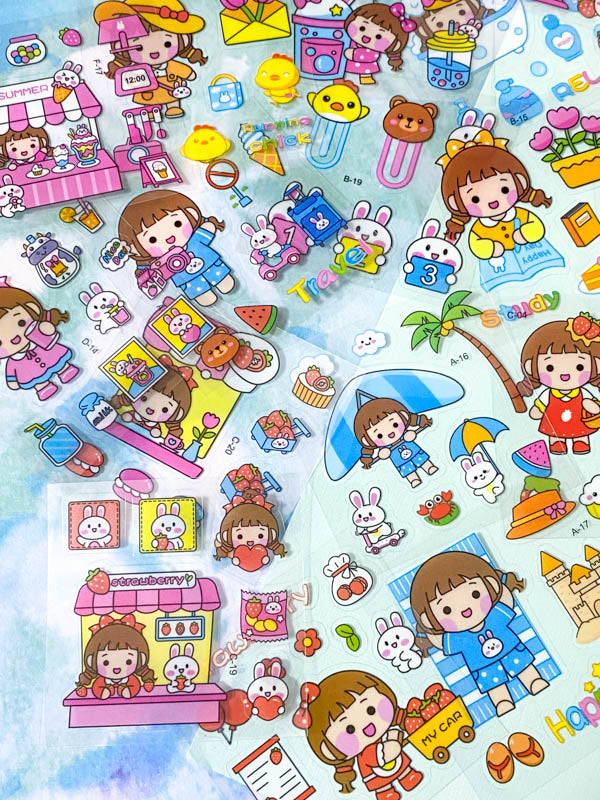 square small mini clear plastic pet sticker PET stickers sheet pack of 10 100 mixed cute kawaii stationery girl girls pink bunny bunnies rabbit rabbits pets food foods sweet sweets candy uk ocean sea seaside fruit fruits drink shopping cloud weather sun beach star stars rainbow ice cream clouds books home fun kids