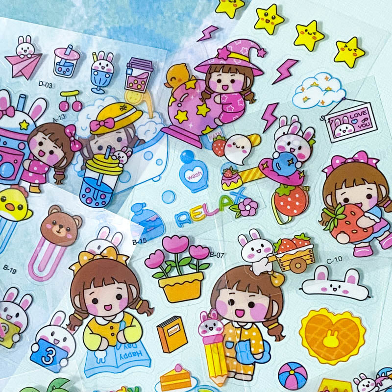 square small mini clear plastic pet sticker PET stickers sheet pack of 10 100 mixed cute kawaii stationery girl girls pink bunny bunnies rabbit rabbits pets food foods sweet sweets candy uk ocean sea seaside fruit fruits drink shopping cloud weather sun beach star stars rainbow ice cream clouds books home fun kids