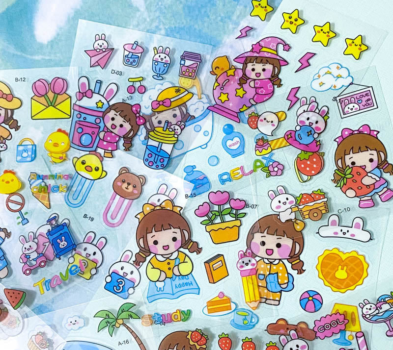 square small mini clear plastic pet sticker PET stickers sheet pack of 10 100 mixed cute kawaii stationery girl girls pink bunny bunnies rabbit rabbits pets food foods sweet sweets candy uk ocean sea seaside fruit fruits drink shopping cloud weather sun beach star stars rainbow ice cream clouds books home fun kids