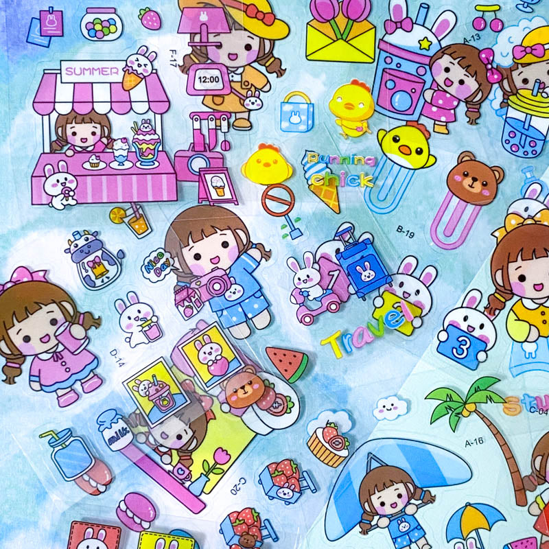 square small mini clear plastic pet sticker PET stickers sheet pack of 10 100 mixed cute kawaii stationery girl girls pink bunny bunnies rabbit rabbits pets food foods sweet sweets candy uk ocean sea seaside fruit fruits drink shopping cloud weather sun beach star stars rainbow ice cream clouds books home fun kids