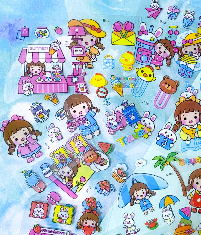 square small mini clear plastic pet sticker PET stickers sheet pack of 10 100 mixed cute kawaii stationery girl girls pink bunny bunnies rabbit rabbits pets food foods sweet sweets candy uk ocean sea seaside fruit fruits drink shopping cloud weather sun beach