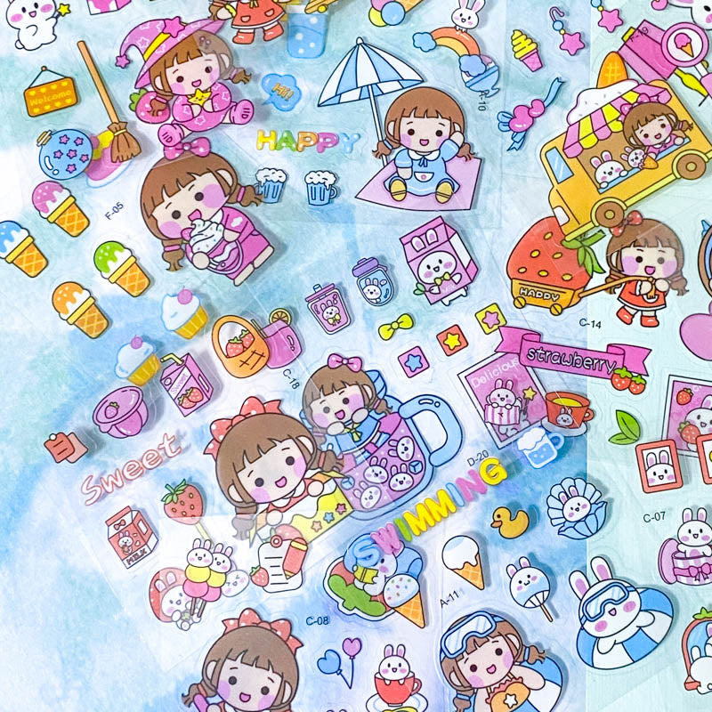 square small mini clear plastic pet sticker PET stickers sheet pack of 10 100 mixed cute kawaii stationery girl girls pink bunny bunnies rabbit rabbits pets food foods sweet sweets candy uk ocean sea seaside fruit fruits drink shopping cloud weather sun beach star stars rainbow ice cream clouds books home fun kids