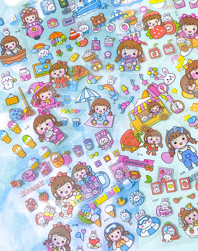 square small mini clear plastic pet sticker PET stickers sheet pack of 10 100 mixed cute kawaii stationery girl girls pink bunny bunnies rabbit rabbits pets food foods sweet sweets candy uk ocean sea seaside fruit fruits drink shopping cloud weather sun beach star stars rainbow ice cream clouds books home fun kids
