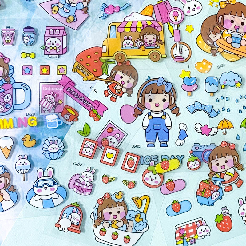 square small mini clear plastic pet sticker PET stickers sheet pack of 10 100 mixed cute kawaii stationery girl girls pink bunny bunnies rabbit rabbits pets food foods sweet sweets candy uk ocean sea seaside fruit fruits drink shopping cloud weather sun beach star stars rainbow ice cream clouds books home fun kids