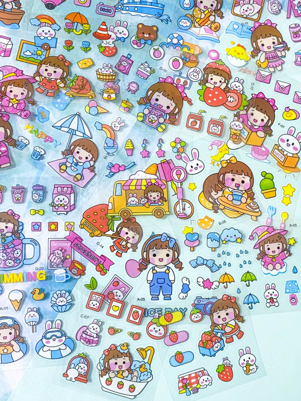 square small mini clear plastic pet sticker PET stickers sheet pack of 10 100 mixed cute kawaii stationery girl girls pink bunny bunnies rabbit rabbits pets food foods sweet sweets candy uk ocean sea seaside fruit fruits drink shopping cloud weather sun beach star stars rainbow ice cream clouds books home fun kids