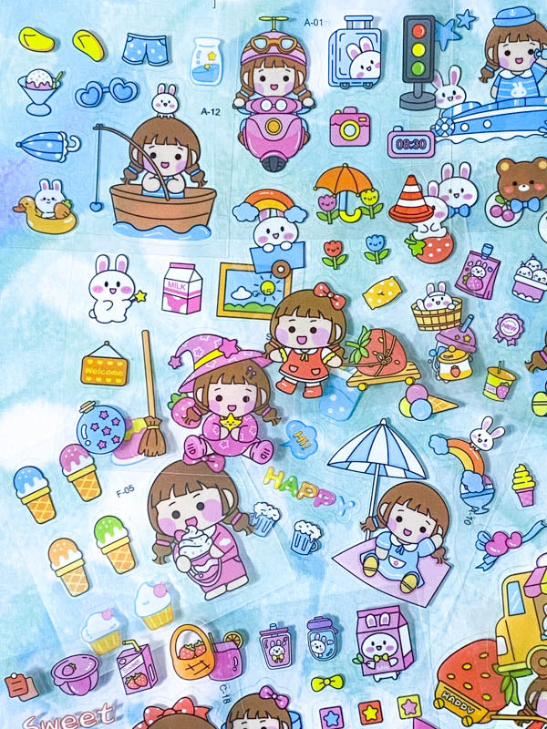 square small mini clear plastic pet sticker PET stickers sheet pack of 10 100 mixed cute kawaii stationery girl girls pink bunny bunnies rabbit rabbits pets food foods sweet sweets candy uk ocean sea seaside fruit fruits drink shopping cloud weather sun beach star stars rainbow ice cream clouds books home fun kids witch halloween